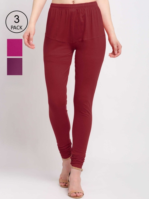 

KLOTTHE Women Pack Of 3 Solid Cotton Churidar-Length Leggings, Maroon