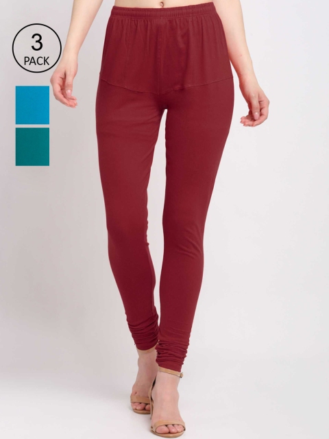 

KLOTTHE Women Pack of 3 Solid Cotton Churidar-Length Leggings, Teal