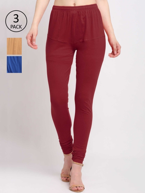

KLOTTHE Women Pack Of 3 Solid Cotton Churidar-Length Leggings, Brown