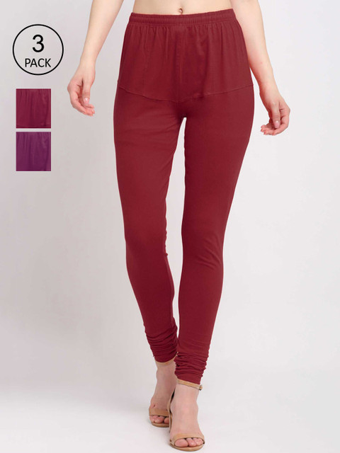

KLOTTHE Women Pack Of 3 Solid Cotton Churidar-Length Leggings, Maroon