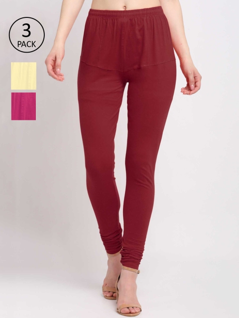 

KLOTTHE Women Pack Of 3 Solid Churidar-Length Cotton Leggings, Brown