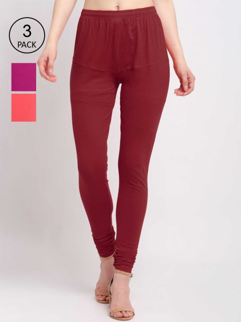 

KLOTTHE Women Pack Of 3 Solid Cotton Churidar-Length Leggings, Brown