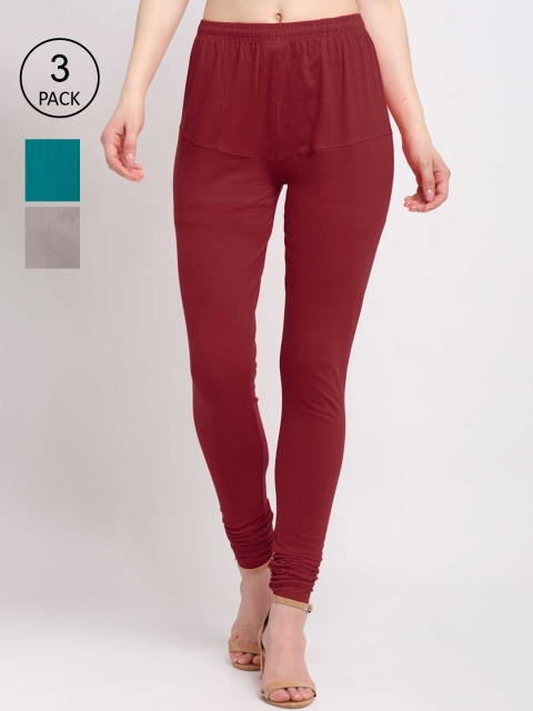 

KLOTTHE Women Pack Of 3 Solid Cotton Churidar-Length Leggings, Maroon