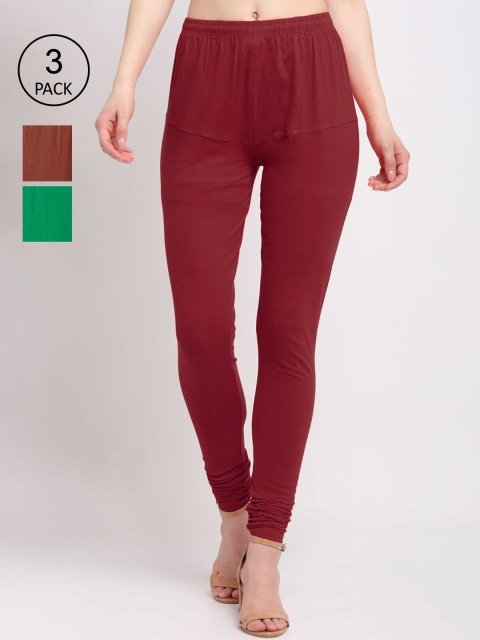 

KLOTTHE Women Pack Of 3 Solid Cotton Churidar-Length Leggings, Maroon