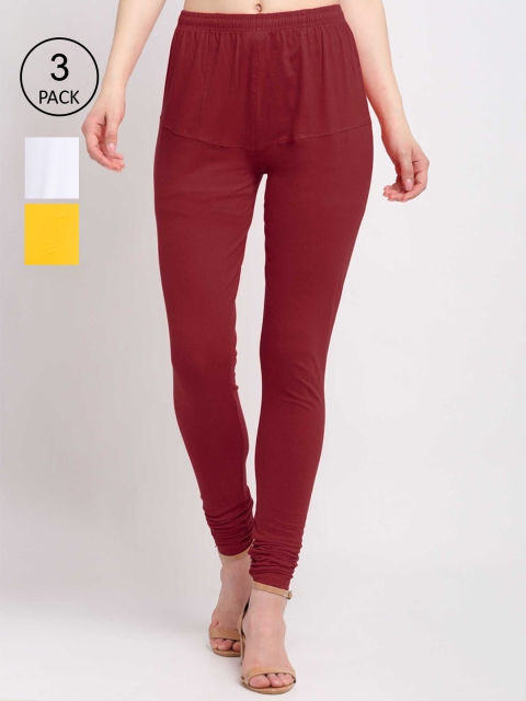 

KLOTTHE Women Pack of 3 Maroon & Yellow Solid Cotton Churidar-Length Leggings