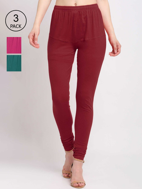 

KLOTTHE Women Pack Of 3 Churidar-Length Cotton Leggings, Maroon