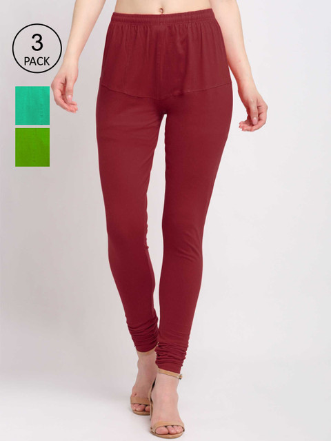 

KLOTTHE Women Pack Of 3 Solid Cotton Churidar-Length Leggings, Maroon
