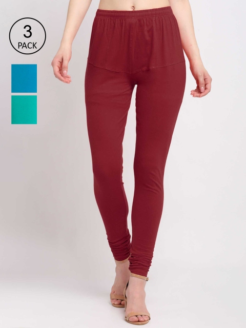 

KLOTTHE Women Pack Of 3 Solid Cotton Churidar-Length Leggings, Brown