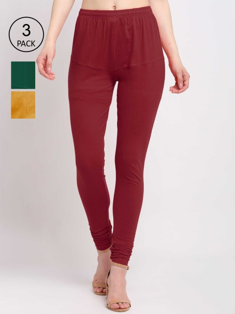 

KLOTTHE Women Pack Of 3 Solid Cotton Churidar-Length Leggings, Brown