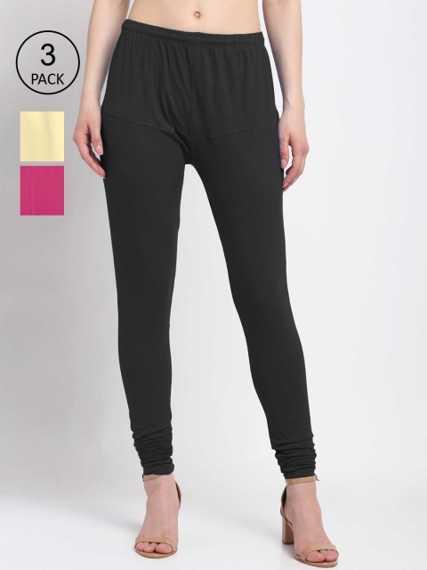 

KLOTTHE Women Pack Of 3 Solid Cotton Churidar-Length Leggings, Black