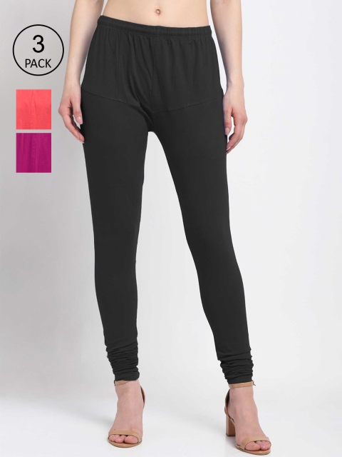 

KLOTTHE Women Pack Of 3 Solid Cotton Churidar-Length Leggings, Black