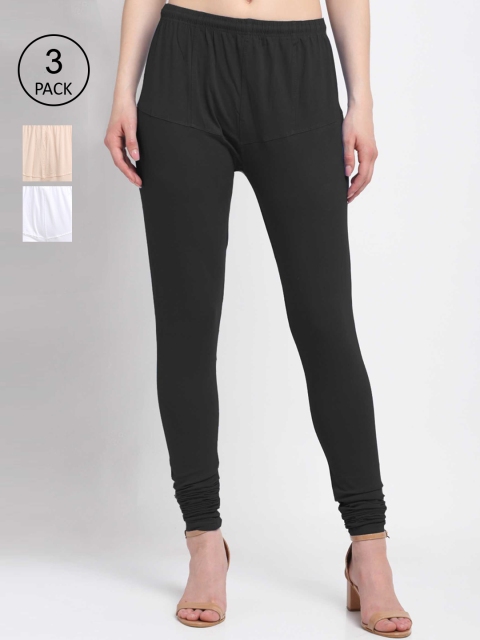 

KLOTTHE Women Pack Of 3 Solid Cotton Churidar-Length Leggings, Black