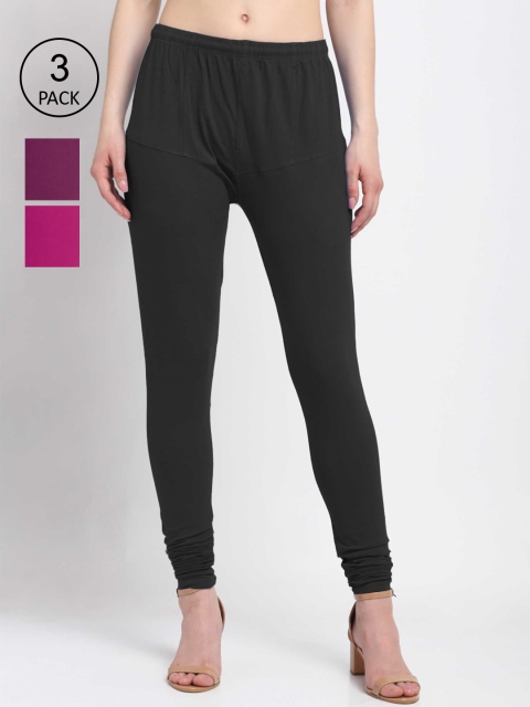

KLOTTHE Women Pack Of 3 Solid Cotton Churidar-Length Leggings, Black