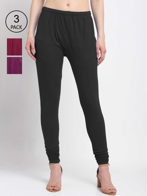 

KLOTTHE Women Pack Of 3 Solid Cotton Churidar-Length Leggings, Black