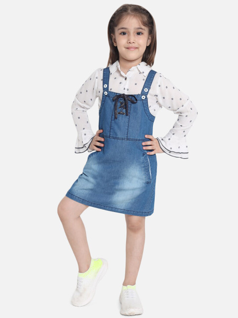 

Natilene Girls Blue & White Printed Top with Skirt