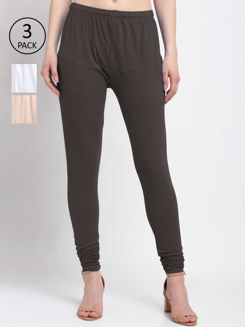 KLOTTHE Women Pack Of 3 Solid Cotton Churidar-Length Leggings, Coffee brown