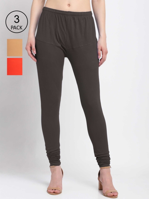 

KLOTTHE Women Pack Of 3 Solid Churidar-Length Cotton Leggings, Grey