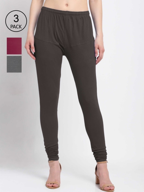 

KLOTTHE Women Pack Of 3 Solid Cotton Churidar-Length Leggings, Grey