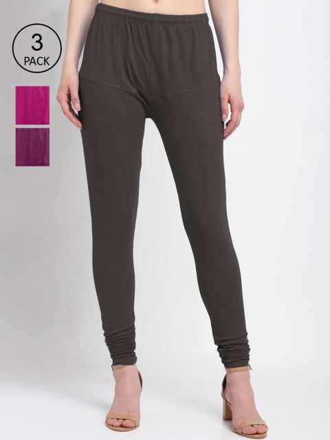 

KLOTTHE Women Pack Of 3 Solid Cotton Churidar-Length Leggings, Brown