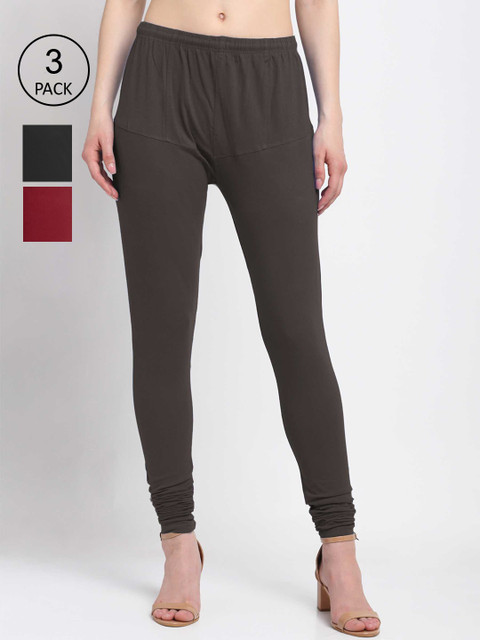 

KLOTTHE Women Pack Of 3 Solid Cotton Churidar-Length Leggings, Olive