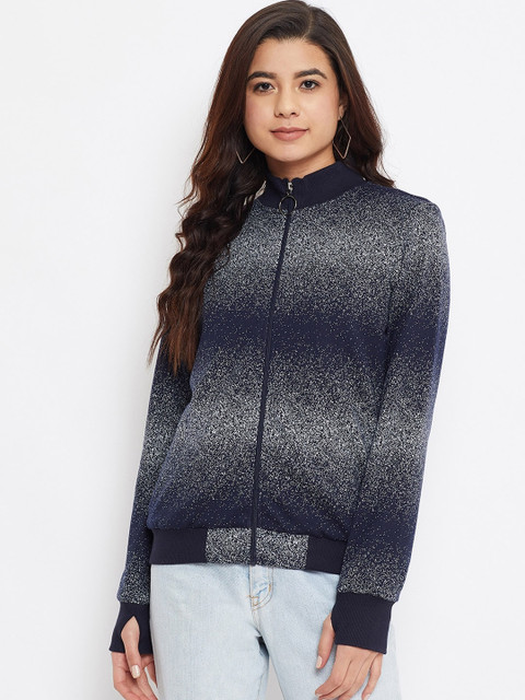 

Madame Women Navy Blue Printed Front Open Sweatshirt