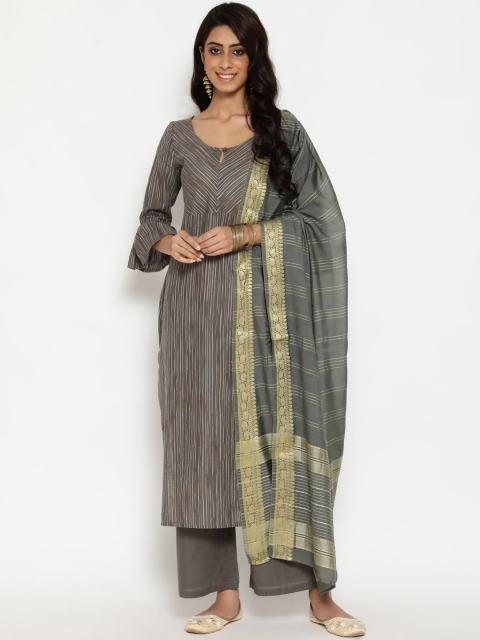 

Luni Women Grey Striped Regular Pure Cotton Kurta with Trousers & With Dupatta