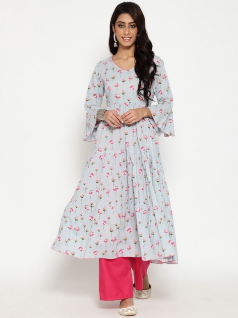 

Luni Women Blue & Pink Floral Printed Flared Sleeves Gotta Patti Anarkali Kurta