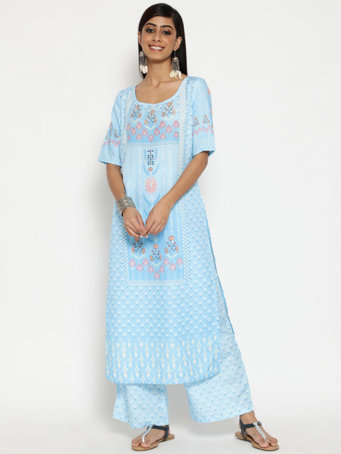 

Luni Women Blue & White Floral Printed Silk Kurta