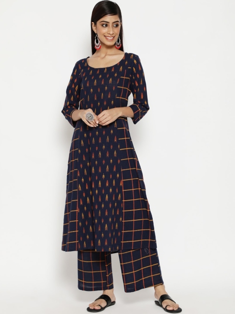 

Luni Women Navy Blue Printed Panelled Pure Cotton Kurta with Palazzos