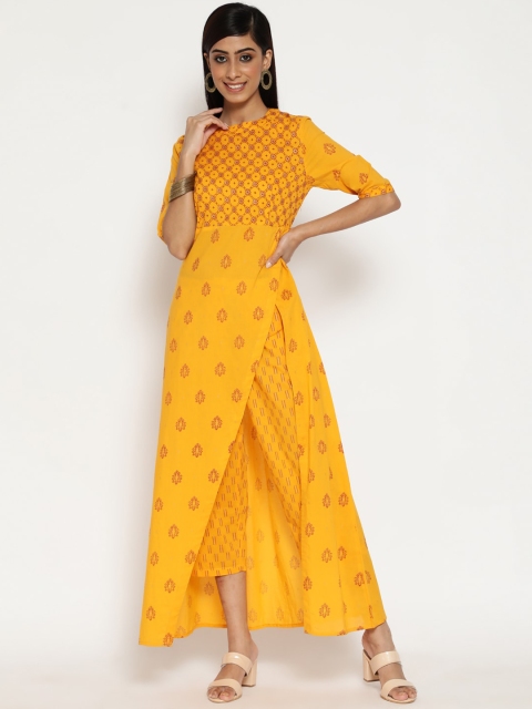 

Luni Women Yellow Ethnic Motifs Printed High Slit Pure Cotton Kurta with Trousers