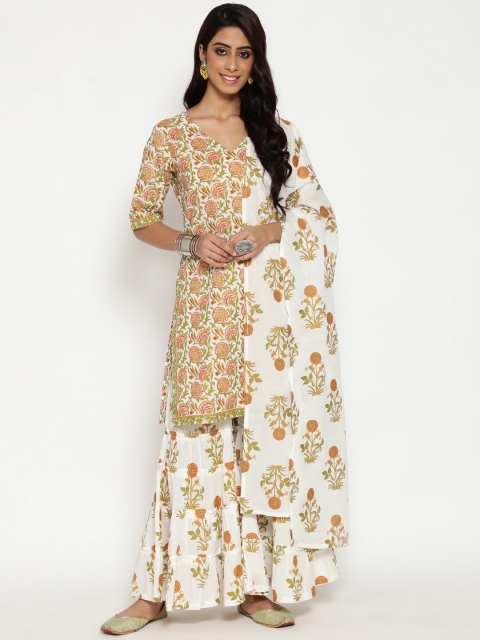 

Luni Women White Floral Printed Empire Pure Cotton Kurta with Palazzos & With Dupatta