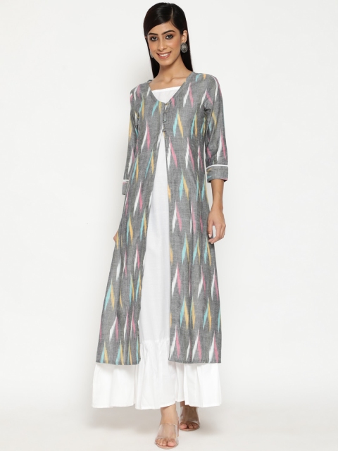 

Luni Grey & White Ikat Handloom Layered Maxi Dress