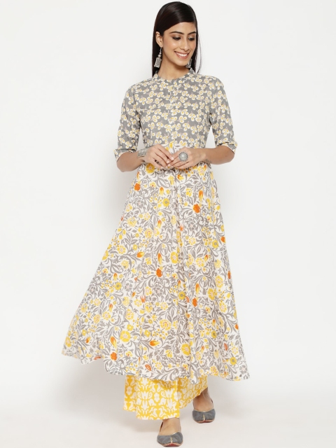

Luni Women Grey Floral Printed Regular Pure Cotton Kurti with Skirt
