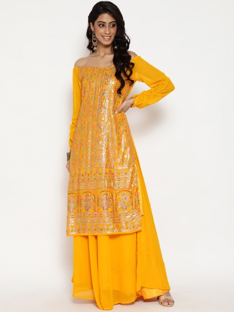 

Luni Women Yellow Floral Sequinned Kurta with Flared Skirt