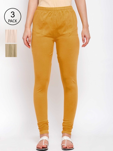 

KLOTTHE Women Pack of 3 Solid Cotton Churidar-Length Leggings, Tan