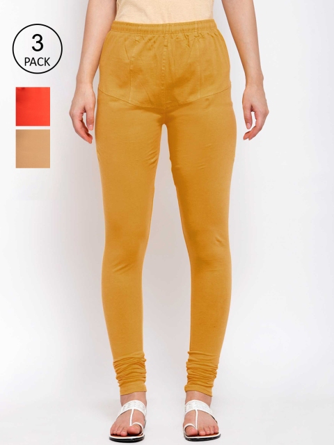 

KLOTTHE Women Pack Of 3 Solid Cotton Churidar-Length Leggings, Orange