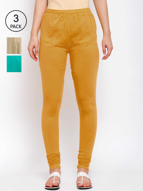 

KLOTTHE Women Pack Of 3 Solid Cotton Churidar-Length Leggings, Yellow