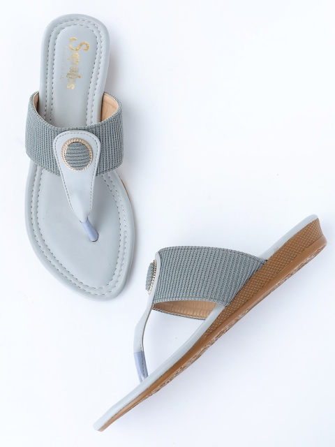 

SAPATOS Women Grey Textured Leather Ethnic T-Strap Flats