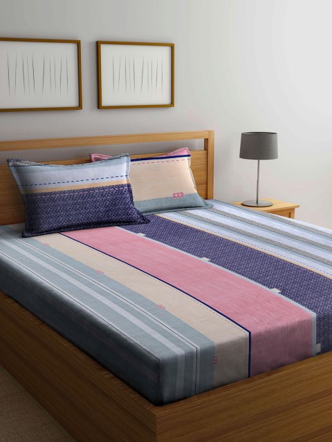 

Arrabi Blue & Beige Striped 300 TC Super King Bedsheet with 2 Pillow Covers