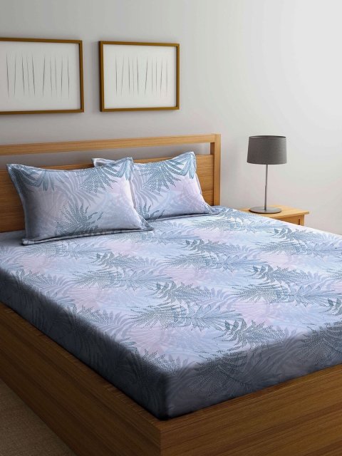 

Arrabi Grey & Blue Floral 300 TC King Cotton Bedsheet with 2 Pillow Covers