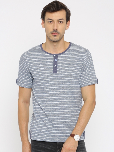 

Slub Men Blue & White Striped Henley Neck T-Shirt