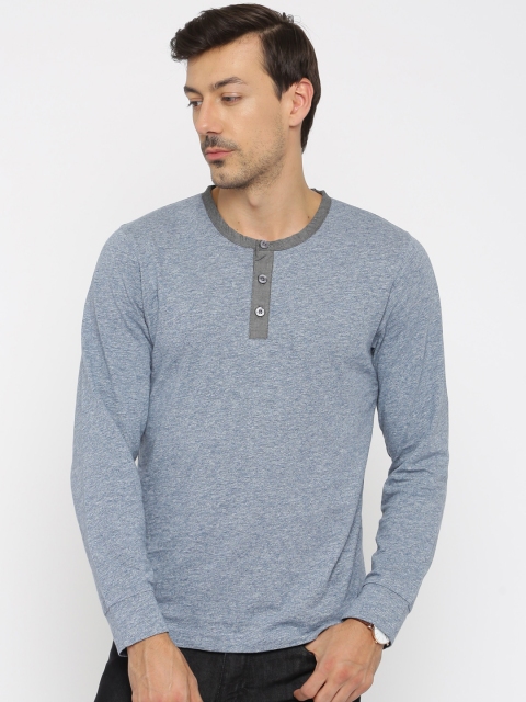 

Slub Men Blue Self-Design Henley Neck T-Shirt