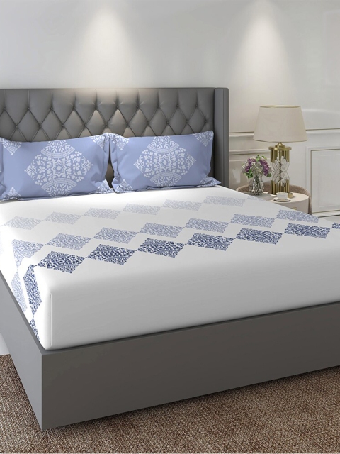 

Duroflex White & Blue Printed Pure Cotton 104 TC King Bedsheet with 2 Pillow Covers