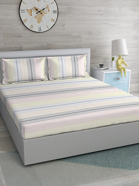

Duroflex Pink & White Striped Print Cotton 104 TC King Bedsheet with 2 Pillow Covers