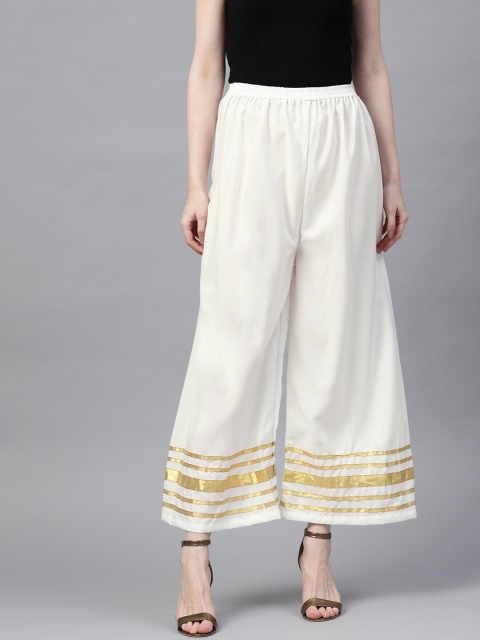 

Ishin Women White & Gold-Toned Gotta Patti Work Crepe Ethnic Palazzos