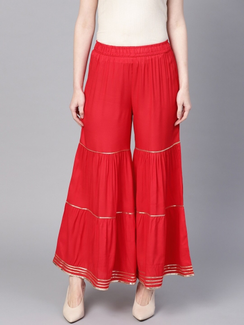 

Ishin Women Red & Gold Gotta Patti Flared Ethnic Palazzos