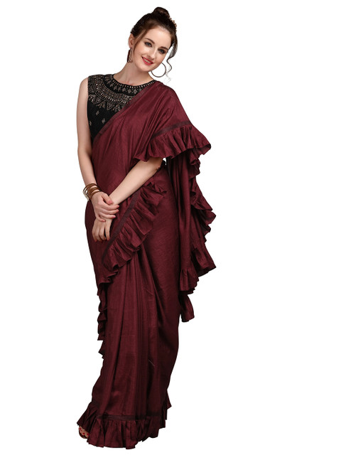 

Pothys Maroon Silk Blend Ruffled Saree