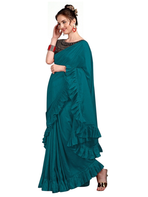 

Mitera Women Teal Silk Blend Ruffles Saree with Embellished Blouse Piece