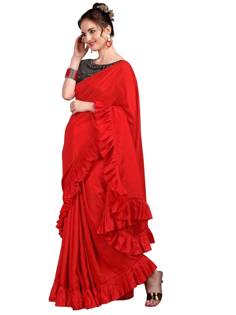 

Mitera Red Solid Embellished Silk Blend Saree