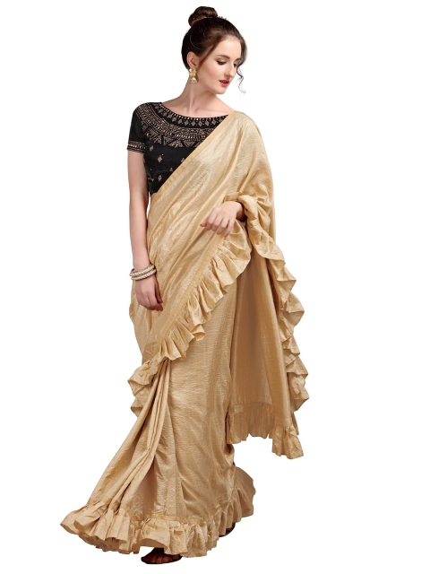 

Mitera Gold-Toned Silk Blend Saree With Ruffles & Embellished Blouse